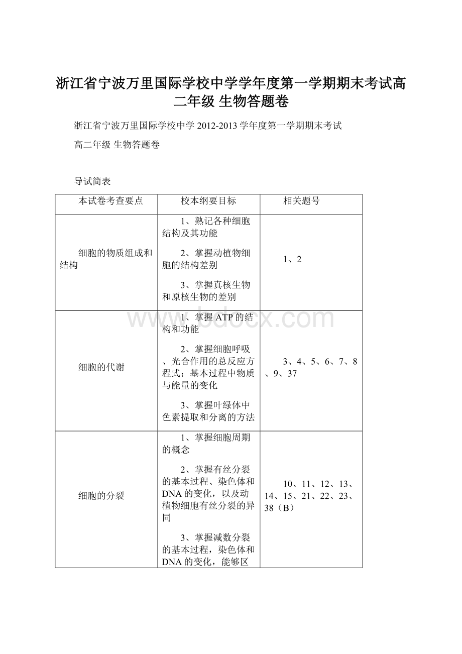 浙江省宁波万里国际学校中学学年度第一学期期末考试高二年级 生物答题卷.docx_第1页