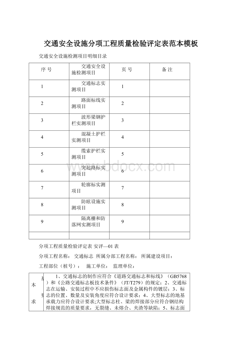 交通安全设施分项工程质量检验评定表范本模板Word文件下载.docx_第1页