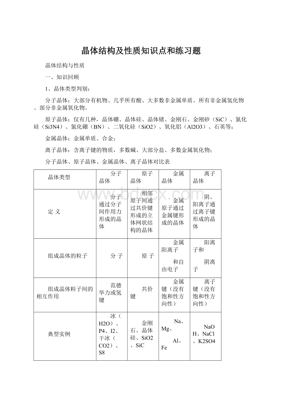 晶体结构及性质知识点和练习题.docx_第1页