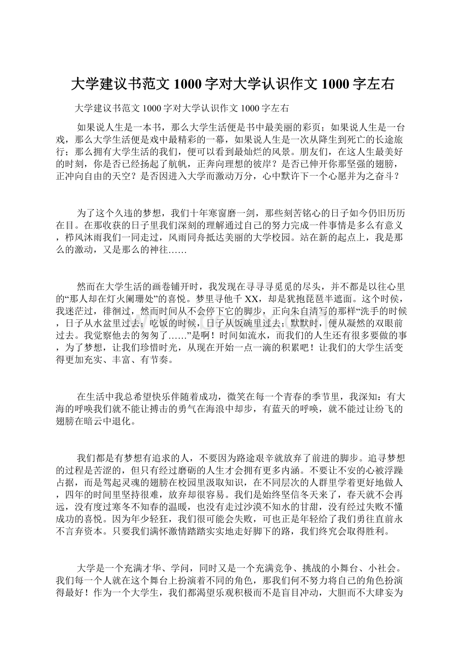 大学建议书范文1000字对大学认识作文1000字左右Word文档格式.docx