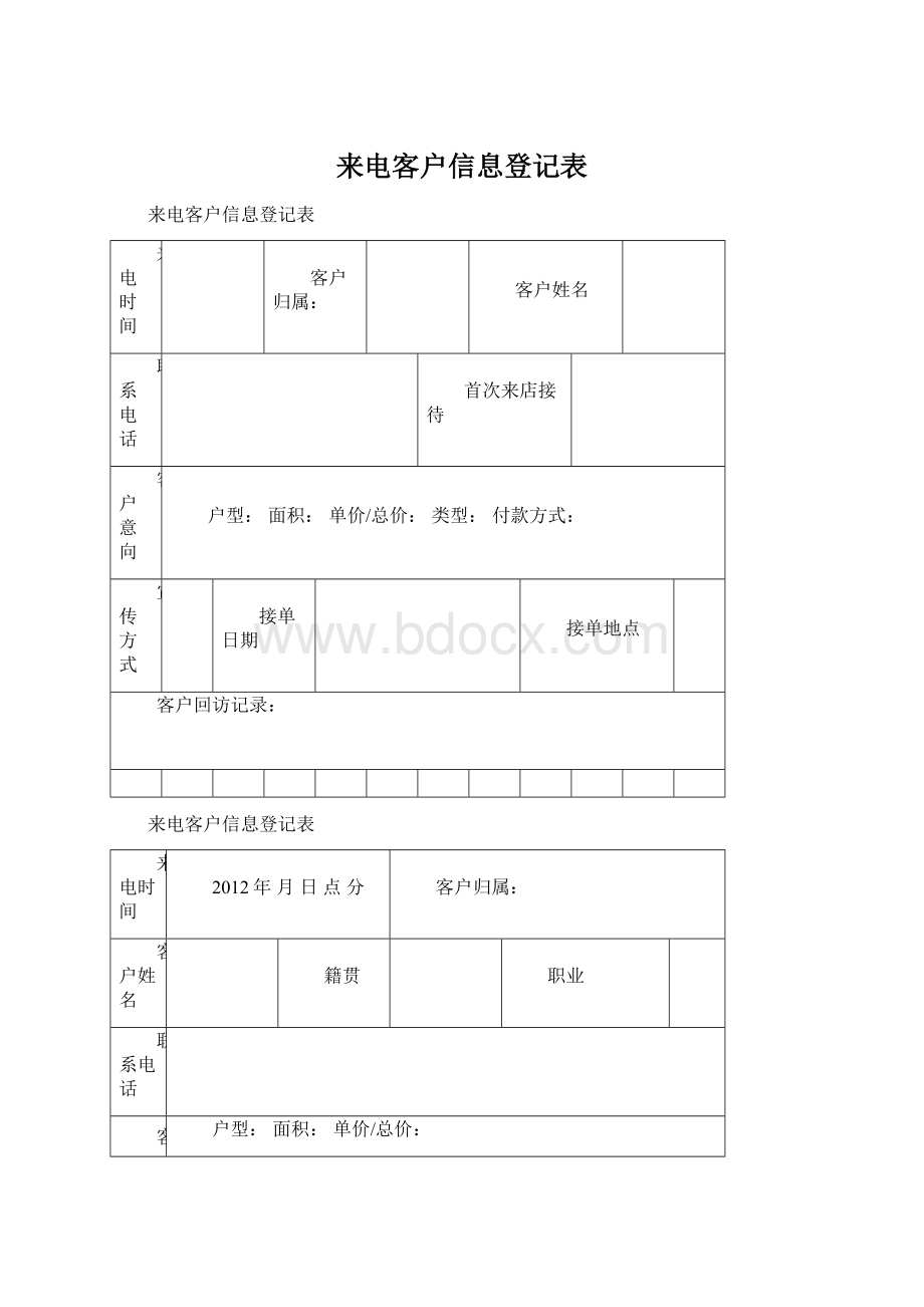 来电客户信息登记表文档格式.docx