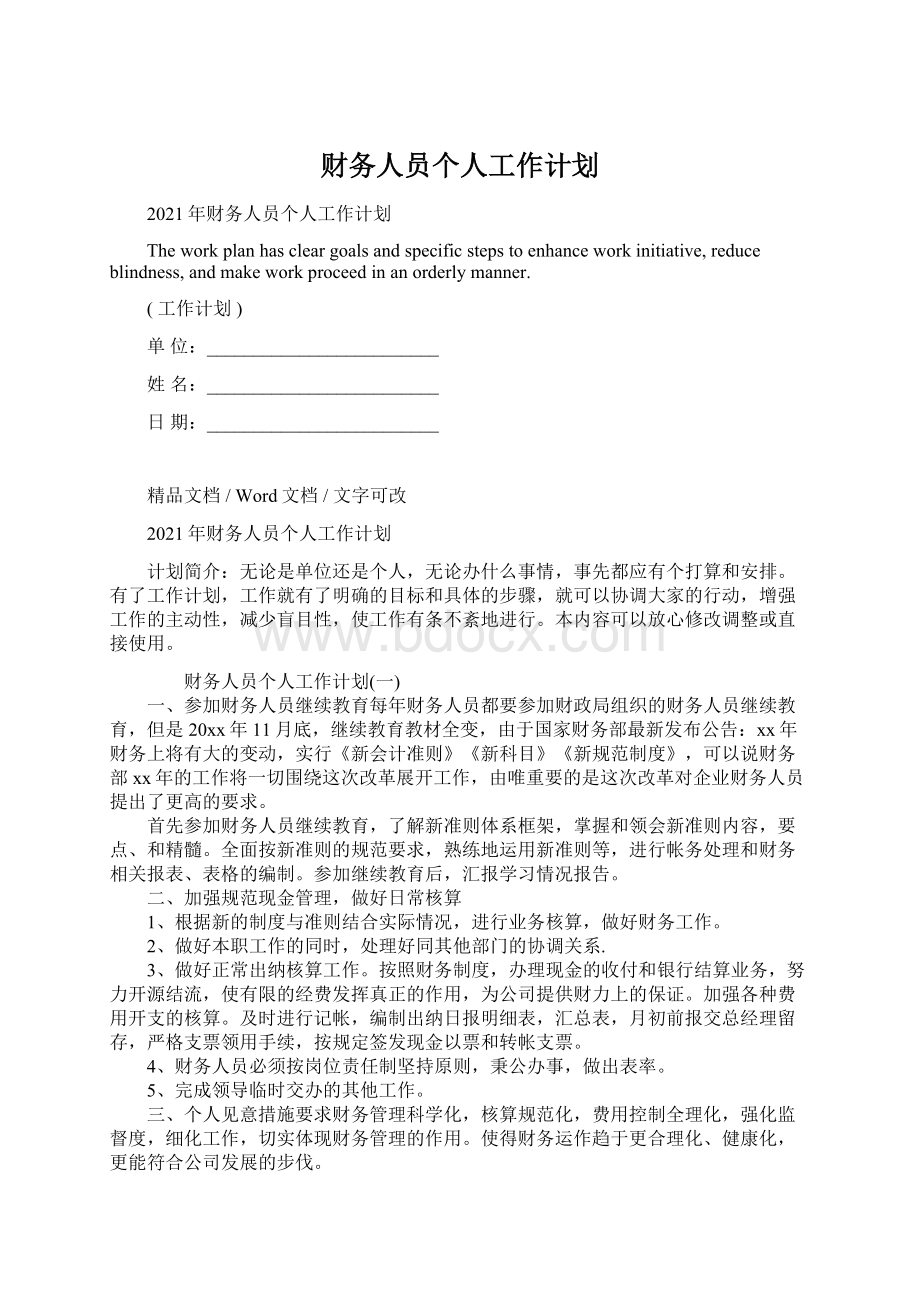 财务人员个人工作计划文档格式.docx