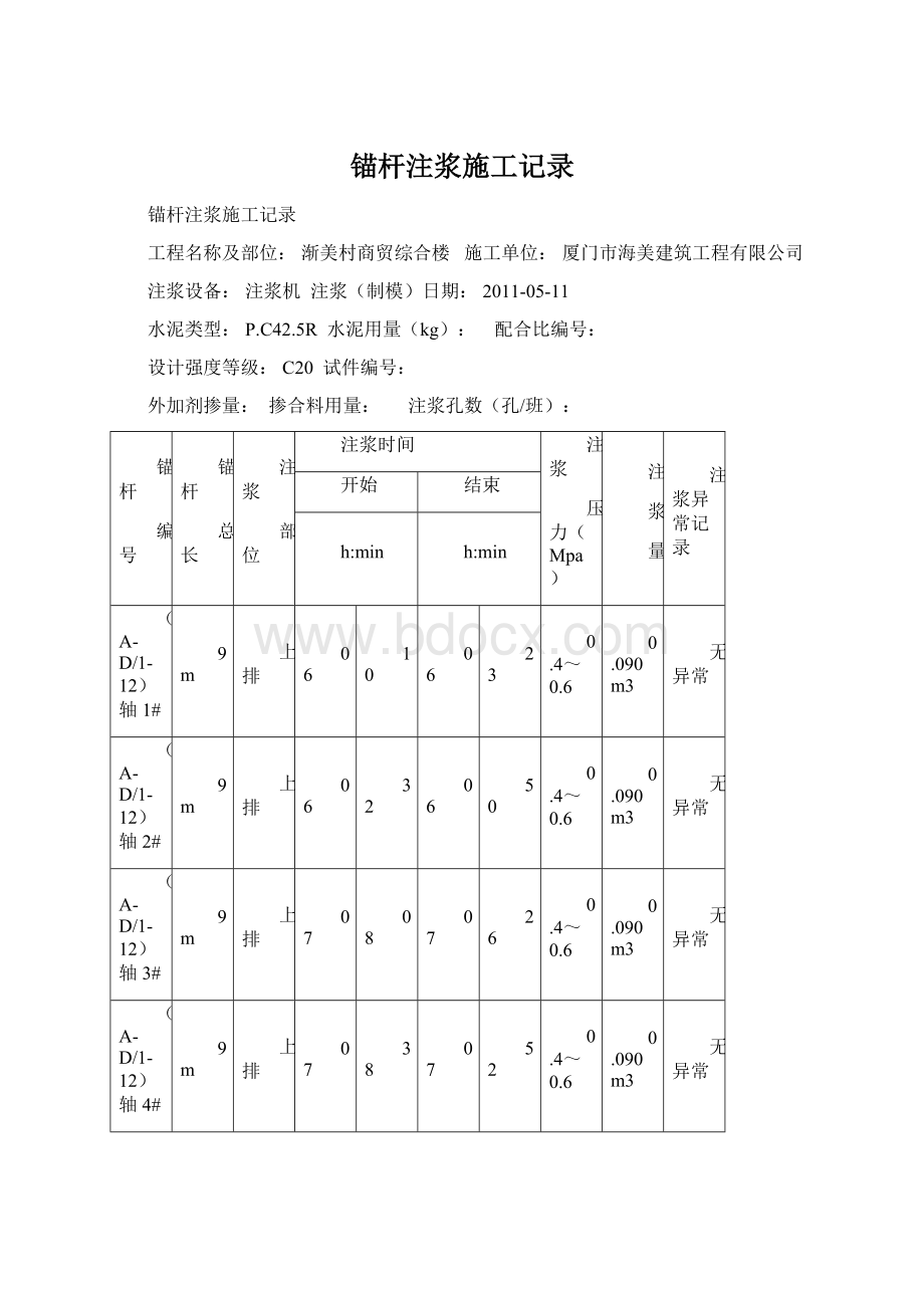 锚杆注浆施工记录Word文档格式.docx_第1页