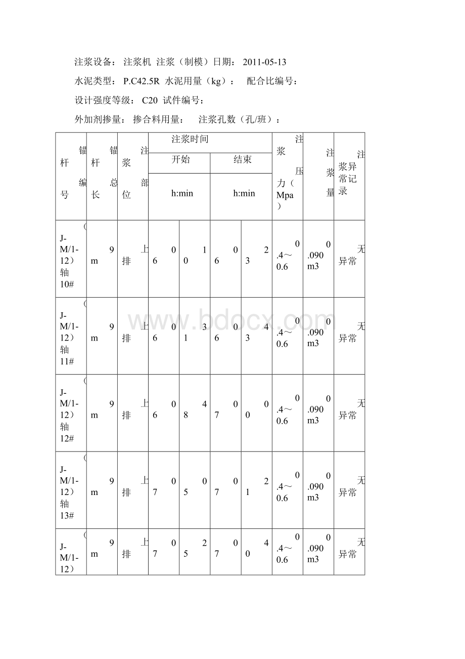 锚杆注浆施工记录Word文档格式.docx_第3页