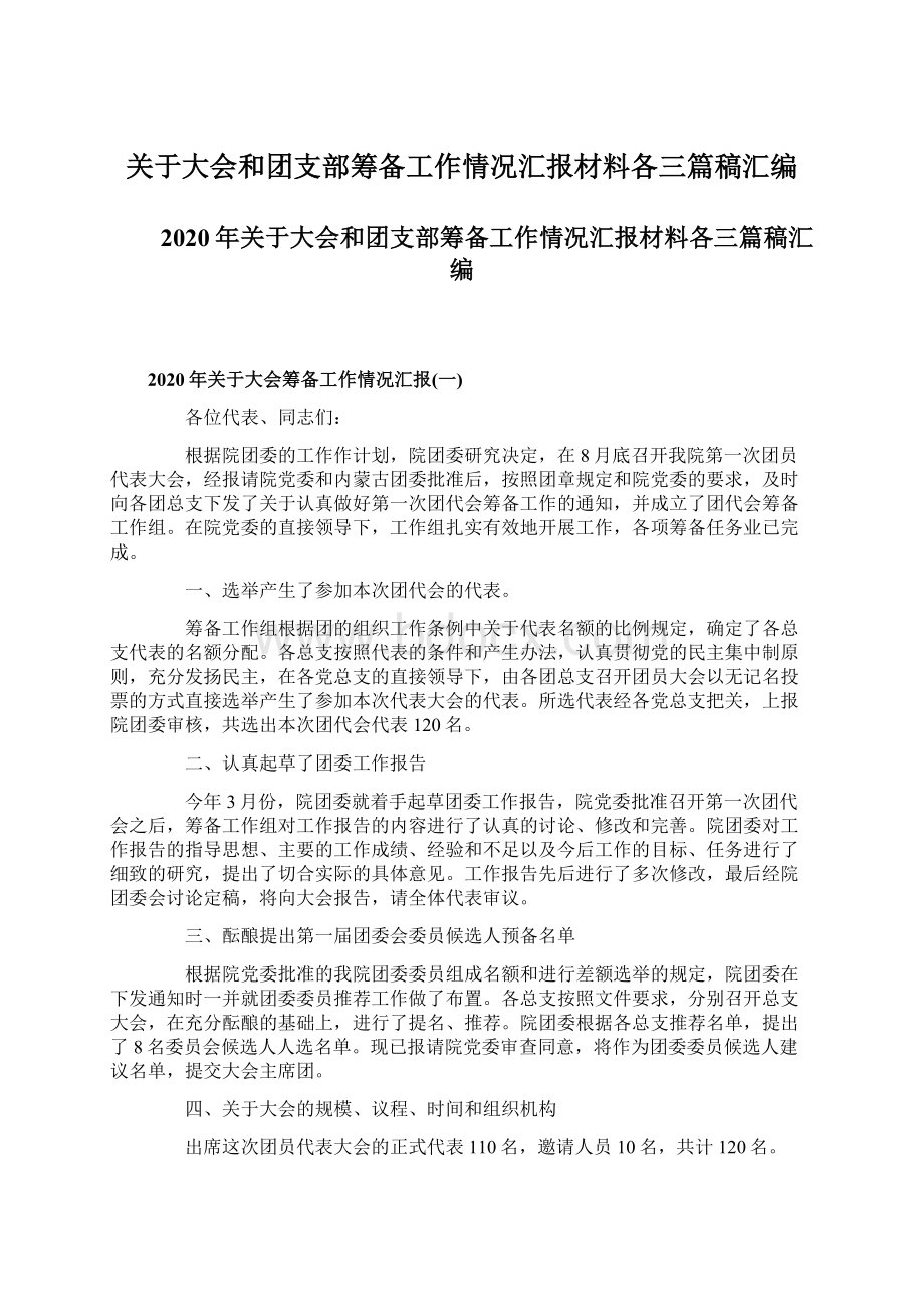 关于大会和团支部筹备工作情况汇报材料各三篇稿汇编.docx