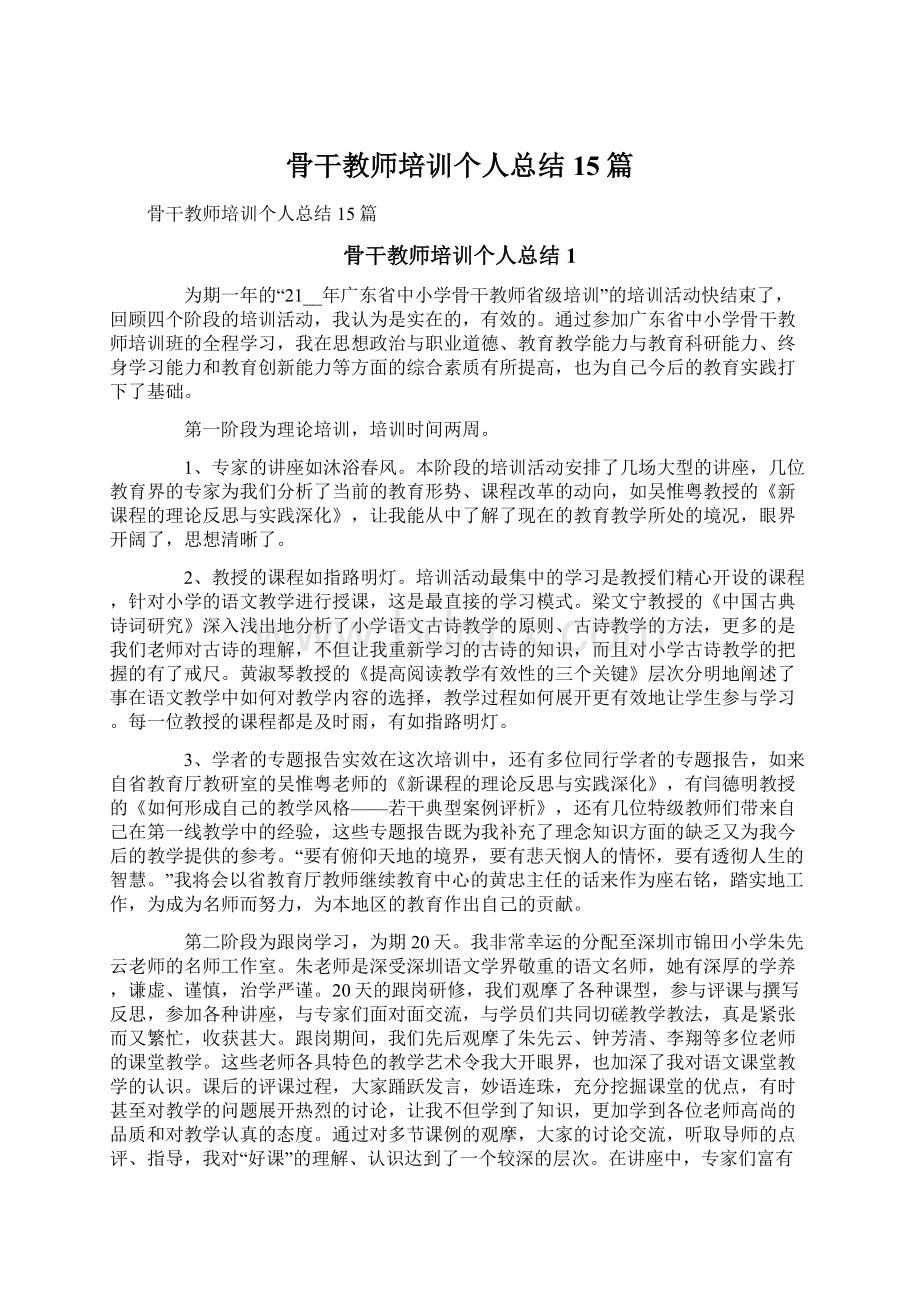 骨干教师培训个人总结15篇Word文档格式.docx