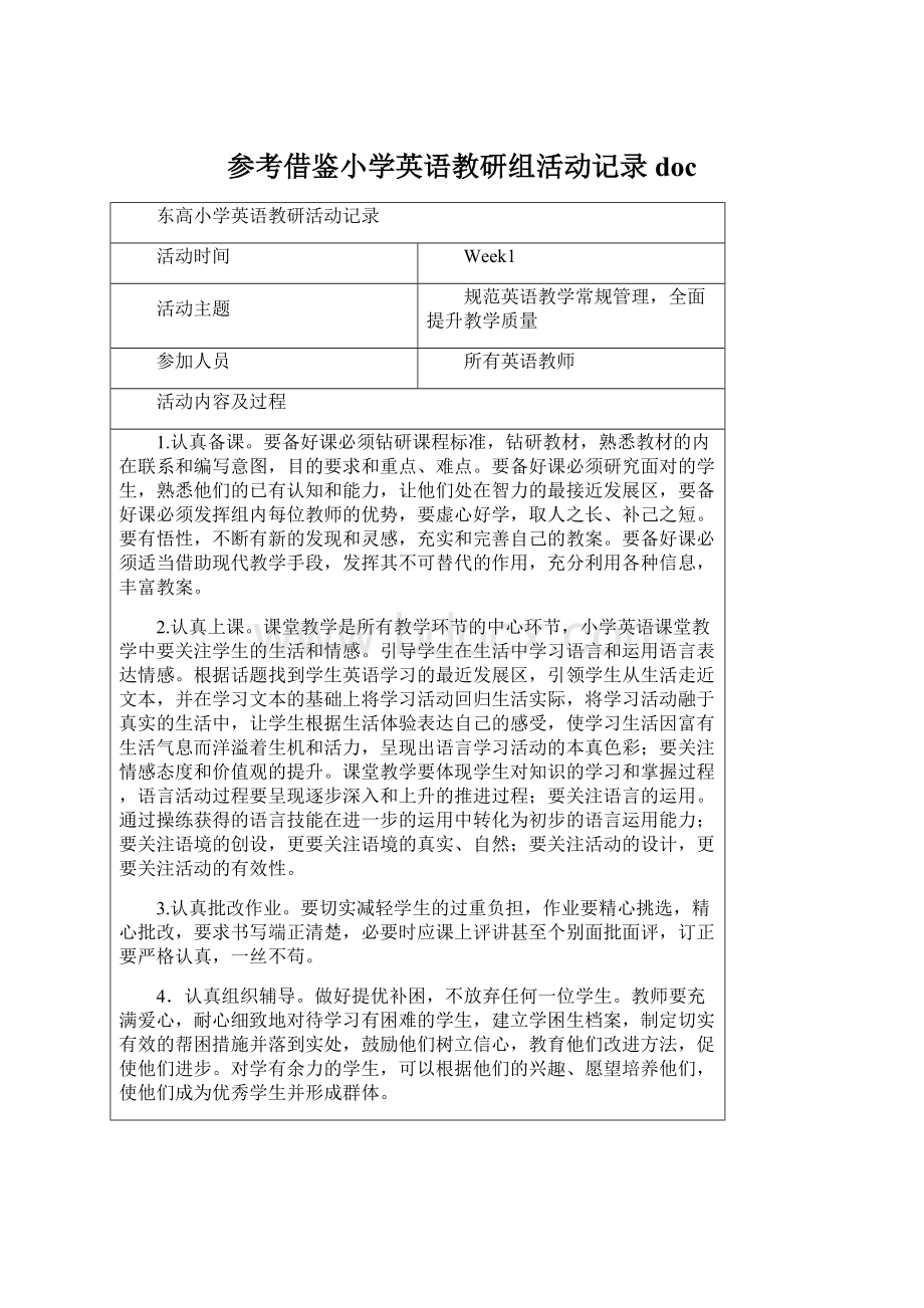 参考借鉴小学英语教研组活动记录docWord格式文档下载.docx