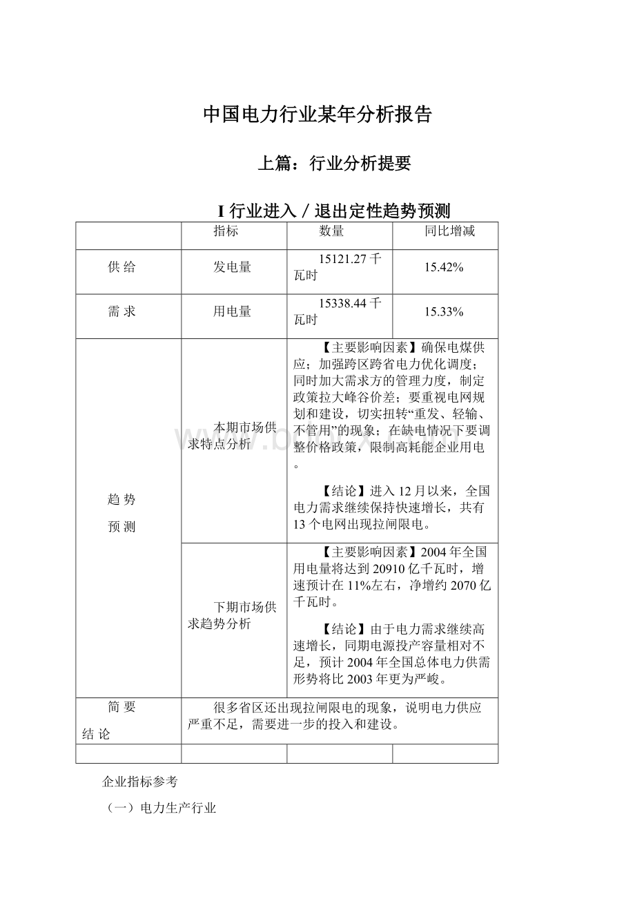 中国电力行业某年分析报告.docx