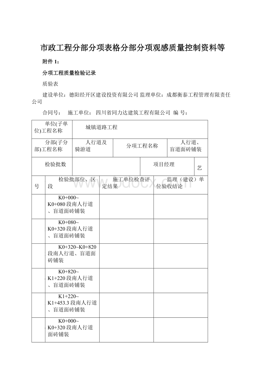 市政工程分部分项表格分部分项观感质量控制资料等.docx