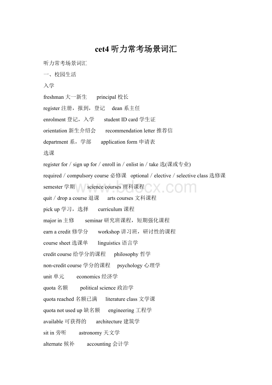 cet4 听力常考场景词汇Word文档下载推荐.docx