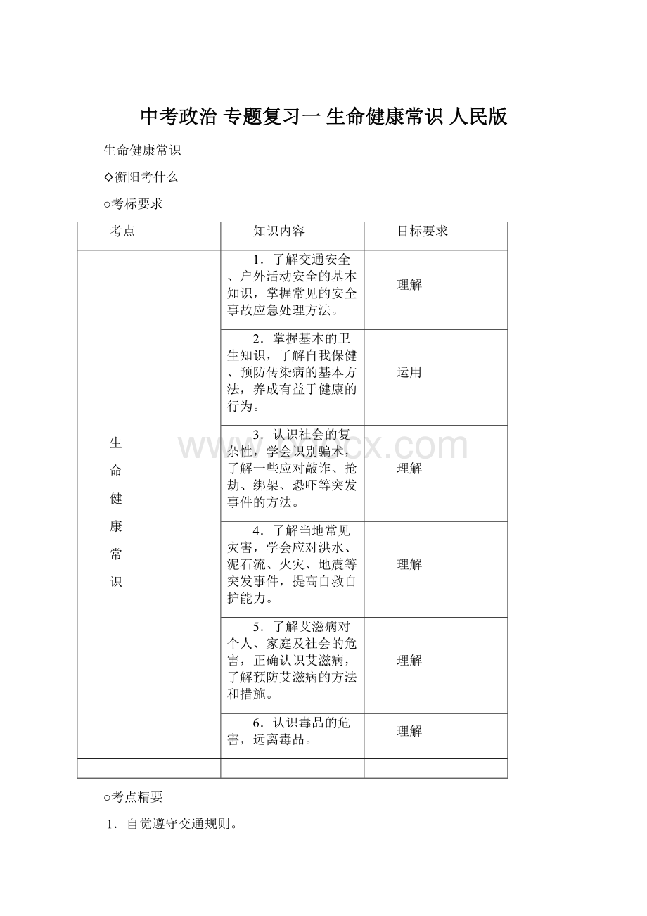 中考政治 专题复习一 生命健康常识 人民版.docx_第1页