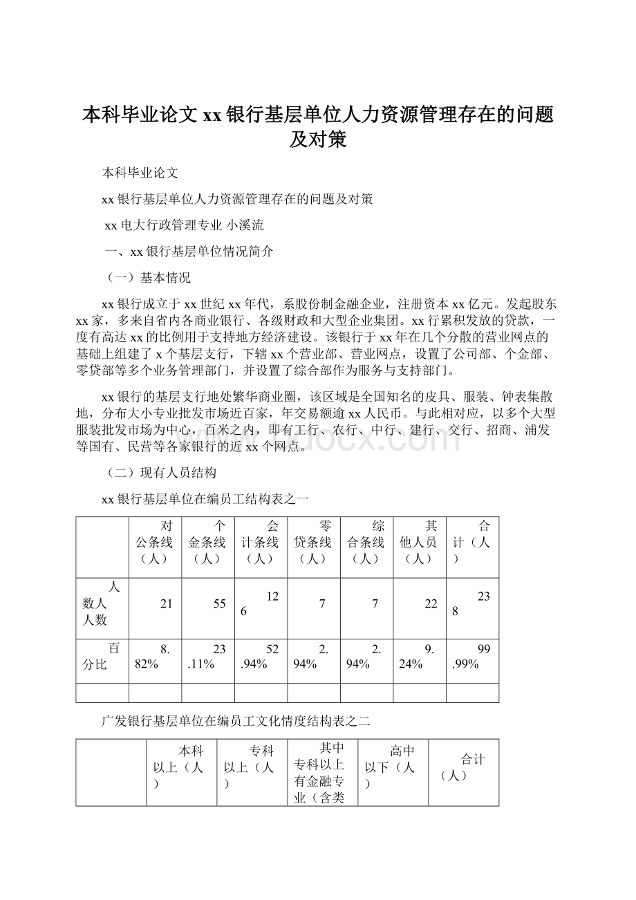 本科毕业论文xx银行基层单位人力资源管理存在的问题及对策.docx