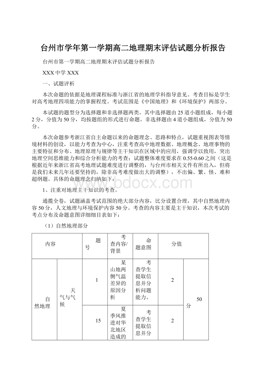 台州市学年第一学期高二地理期末评估试题分析报告Word文件下载.docx_第1页