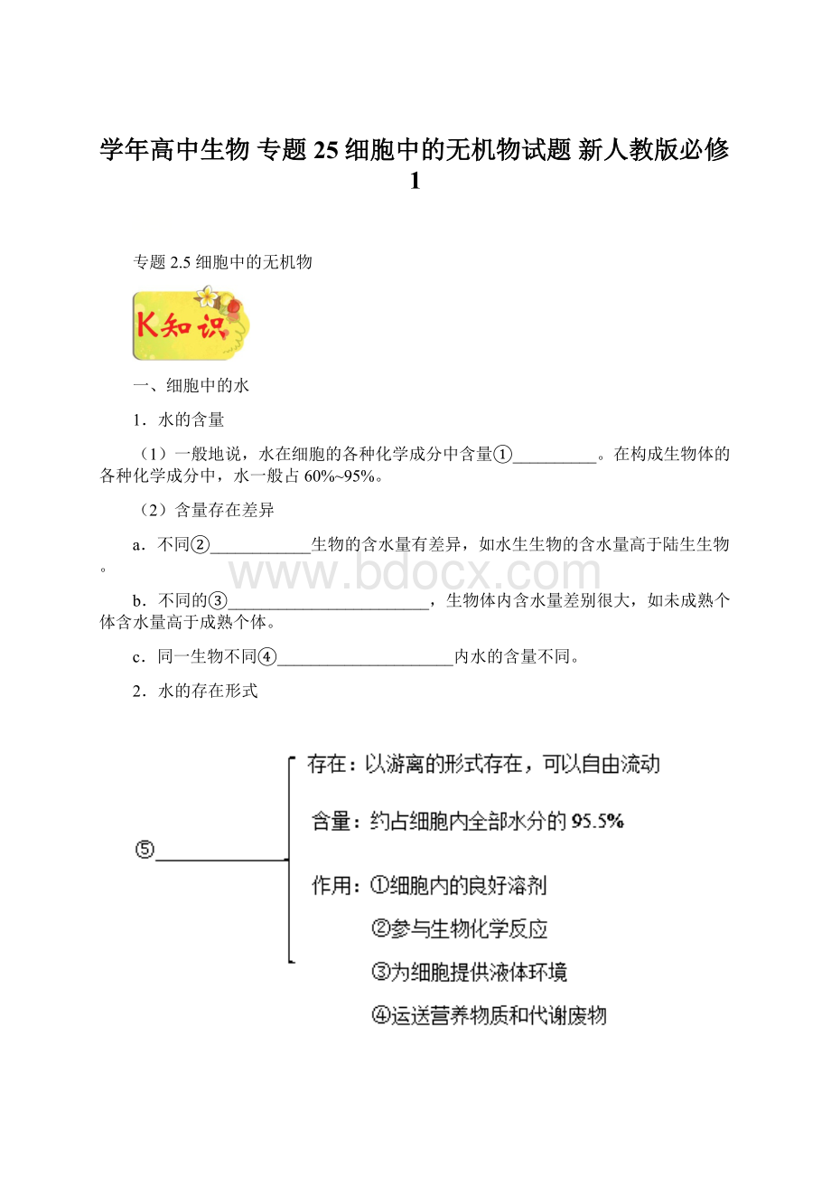 学年高中生物 专题25 细胞中的无机物试题 新人教版必修1.docx_第1页