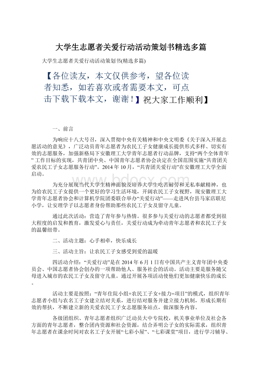 大学生志愿者关爱行动活动策划书精选多篇.docx_第1页