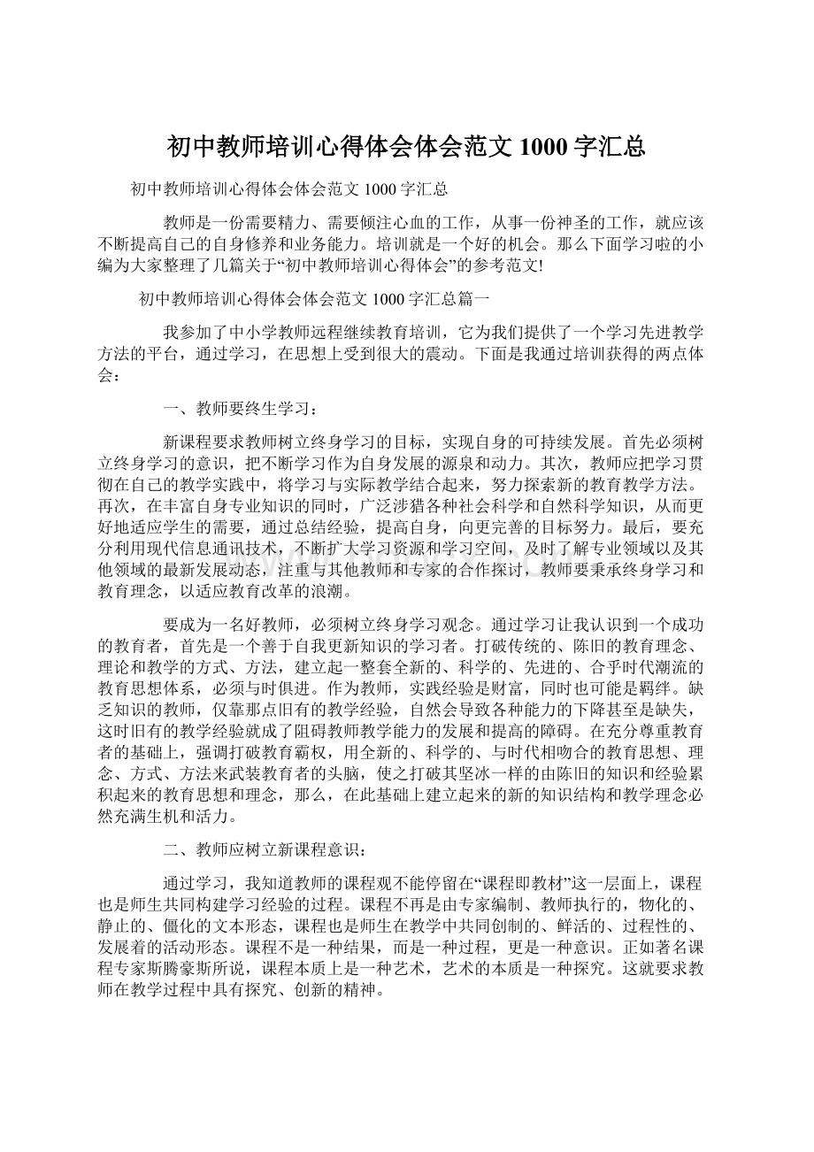 初中教师培训心得体会体会范文1000字汇总.docx