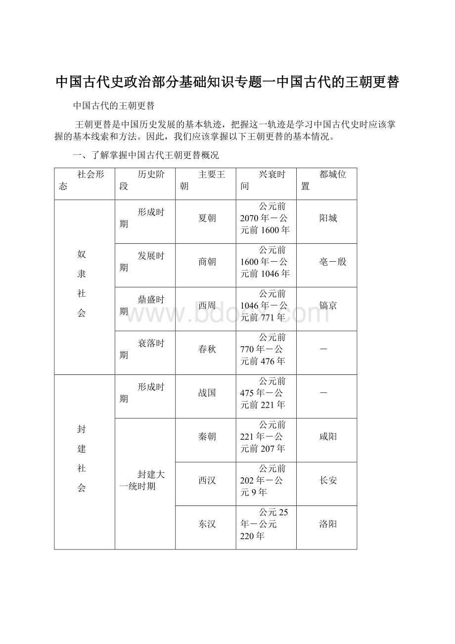 中国古代史政治部分基础知识专题一中国古代的王朝更替Word格式文档下载.docx_第1页