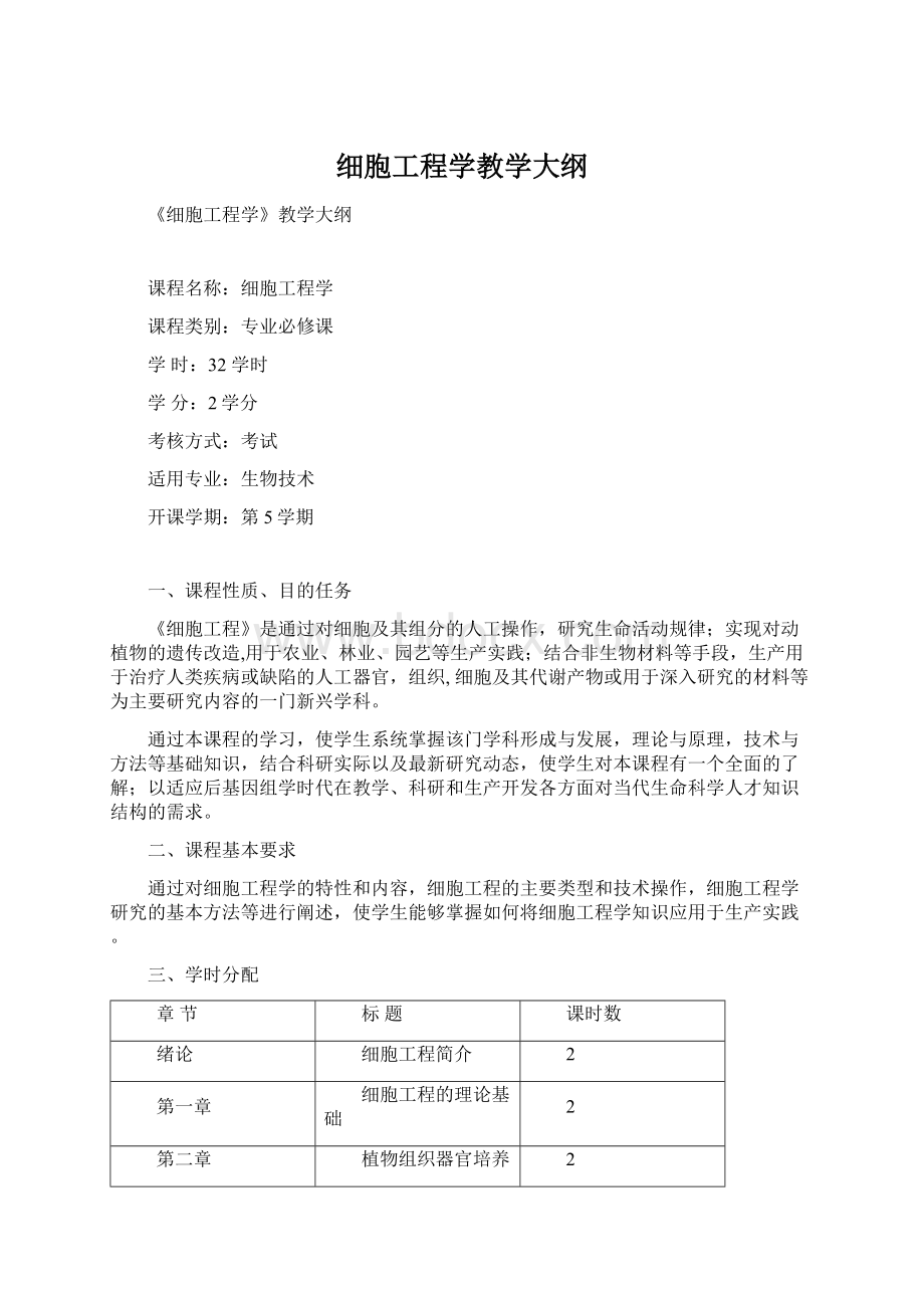 细胞工程学教学大纲Word文档下载推荐.docx