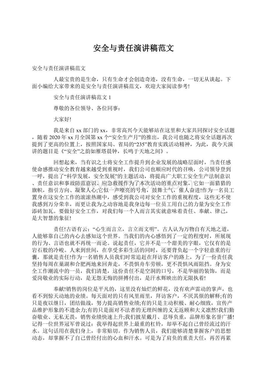 安全与责任演讲稿范文Word格式文档下载.docx_第1页