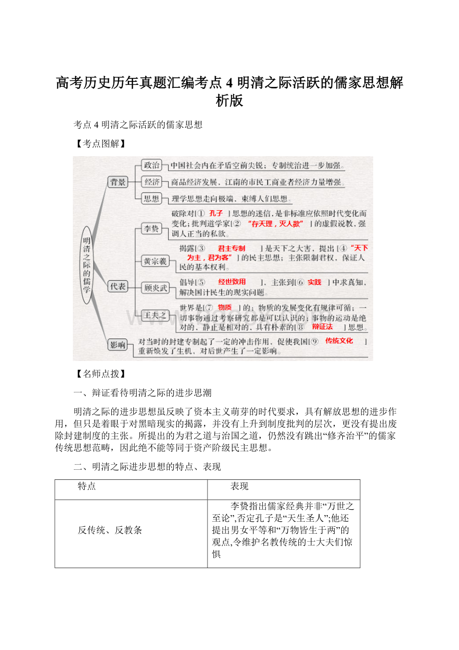 高考历史历年真题汇编考点4 明清之际活跃的儒家思想解析版文档格式.docx