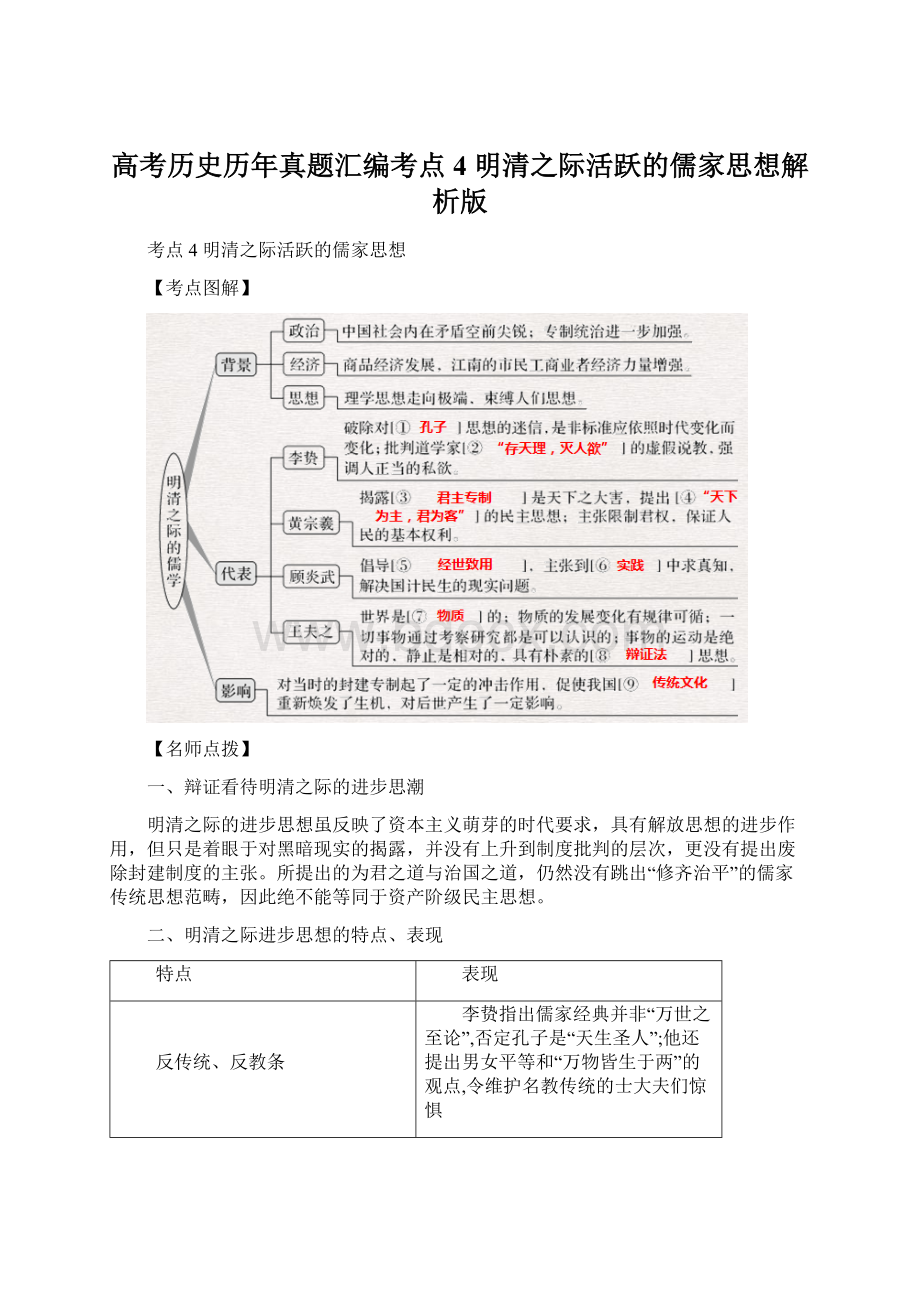 高考历史历年真题汇编考点4 明清之际活跃的儒家思想解析版.docx_第1页