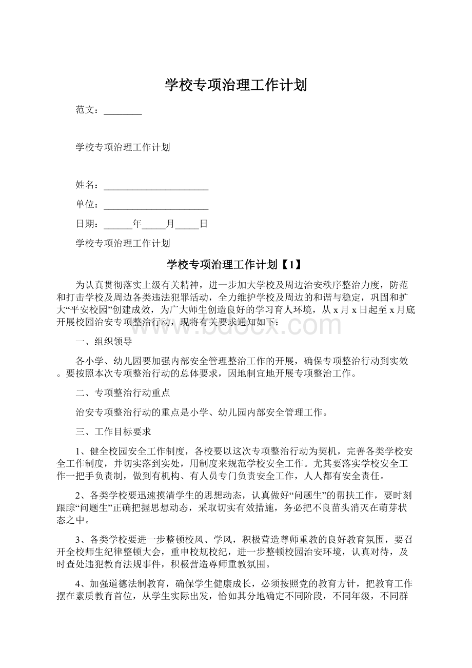 学校专项治理工作计划Word格式.docx