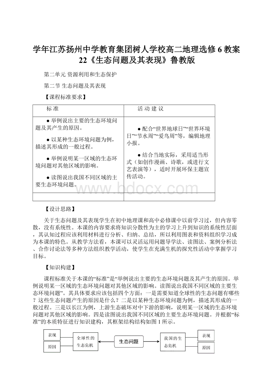 学年江苏扬州中学教育集团树人学校高二地理选修6教案22《生态问题及其表现》鲁教版Word下载.docx_第1页