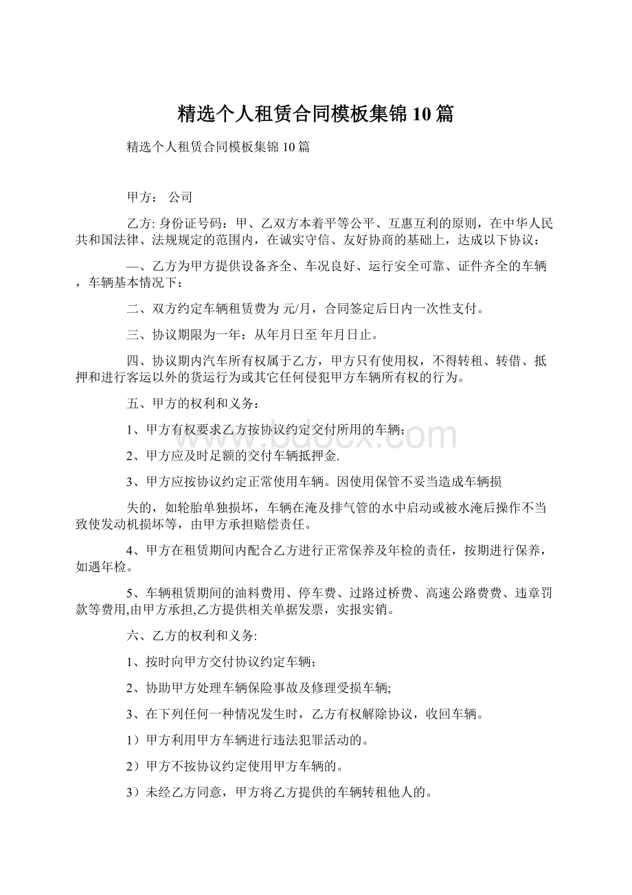 精选个人租赁合同模板集锦10篇.docx