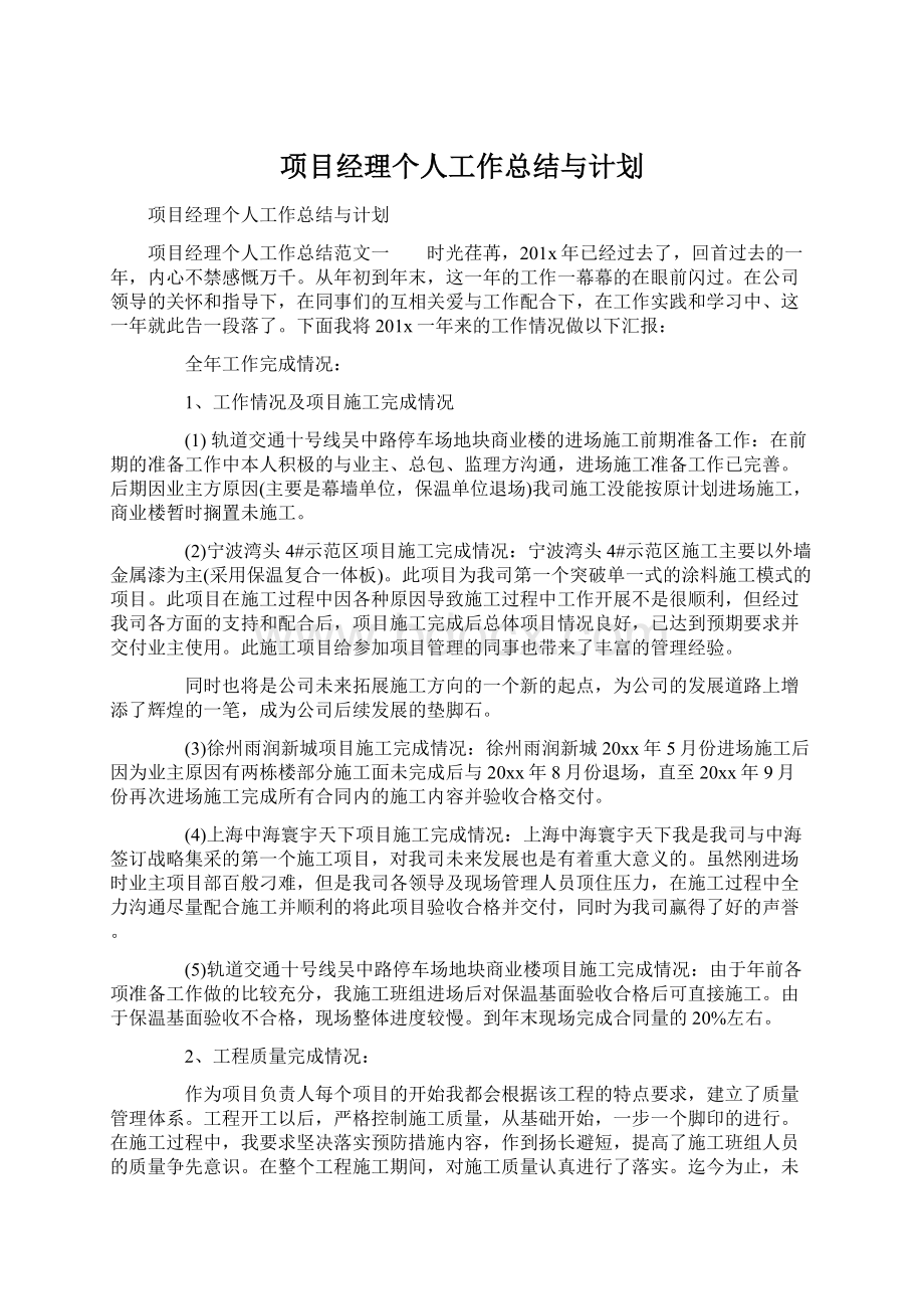 项目经理个人工作总结与计划.docx_第1页