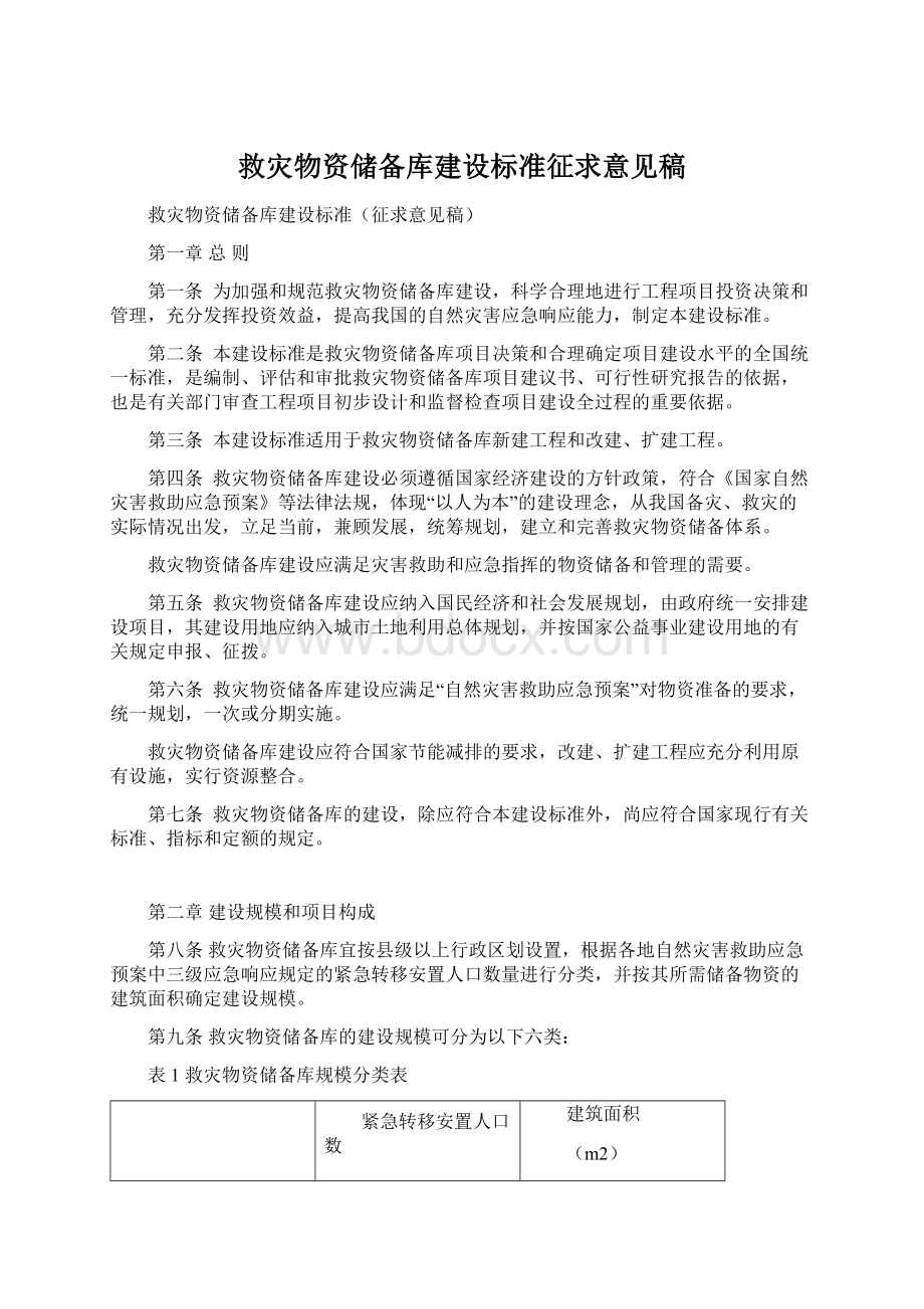 救灾物资储备库建设标准征求意见稿Word文档格式.docx_第1页