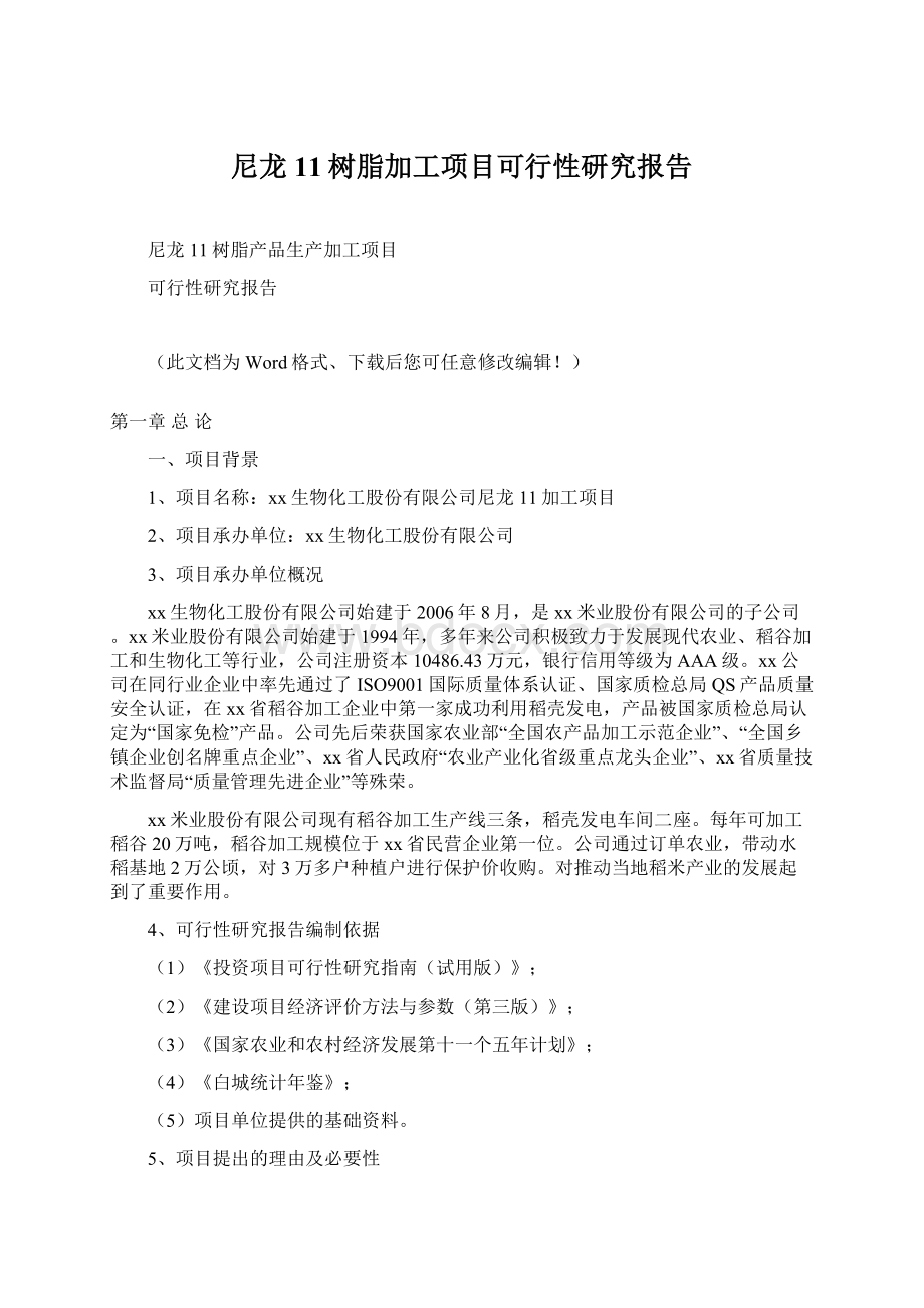 尼龙11树脂加工项目可行性研究报告.docx_第1页