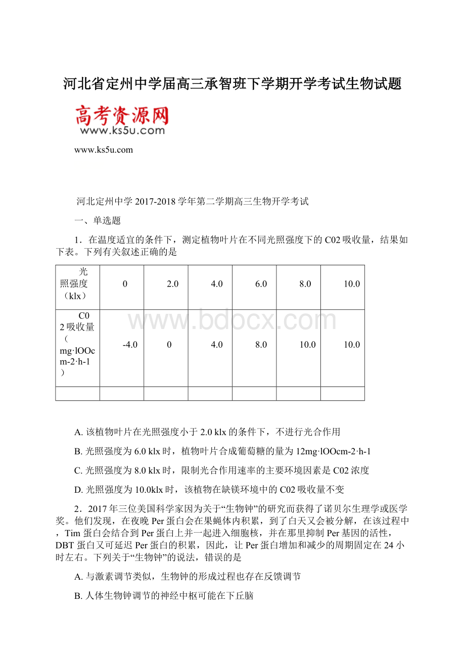 河北省定州中学届高三承智班下学期开学考试生物试题.docx