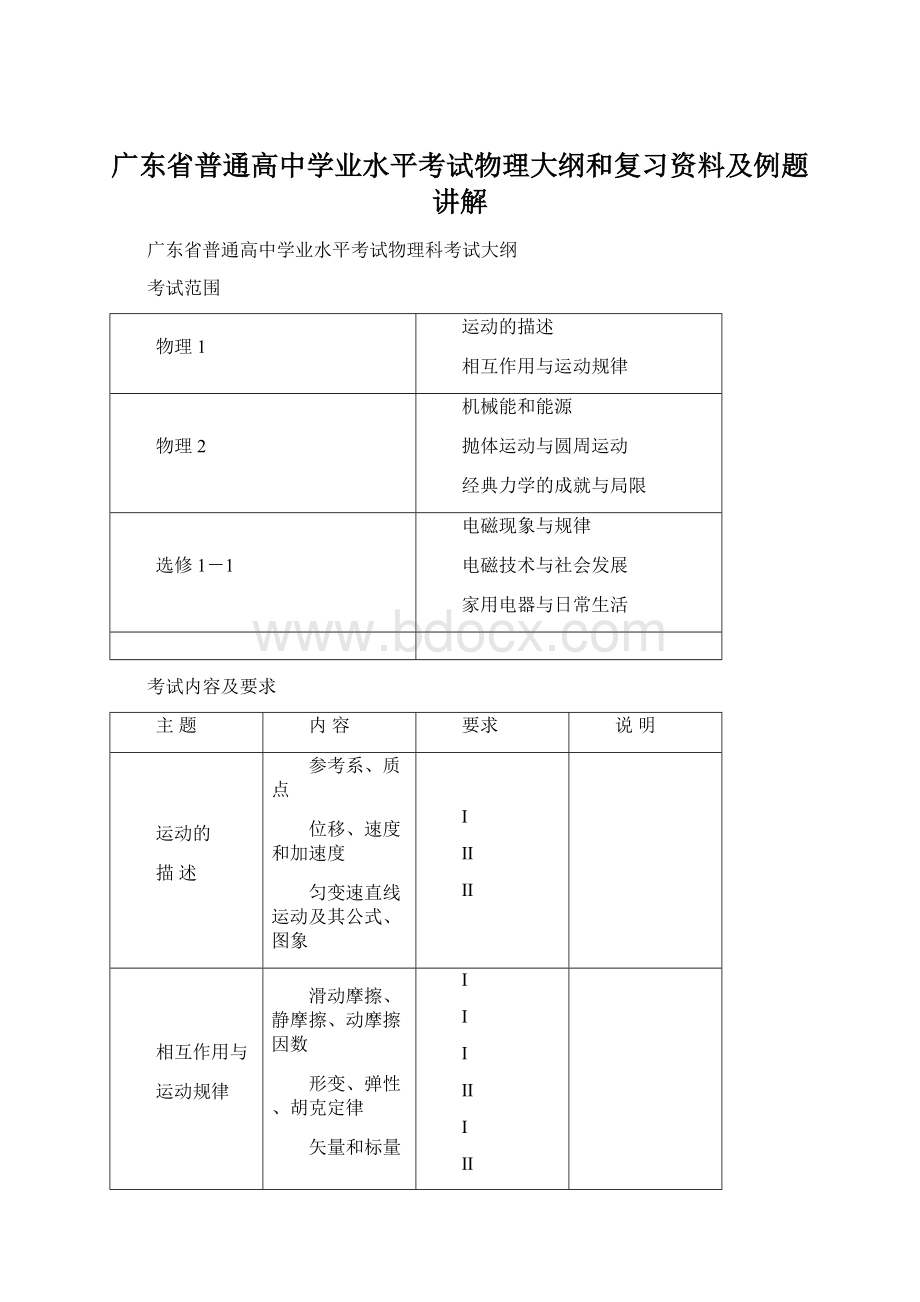 广东省普通高中学业水平考试物理大纲和复习资料及例题讲解.docx