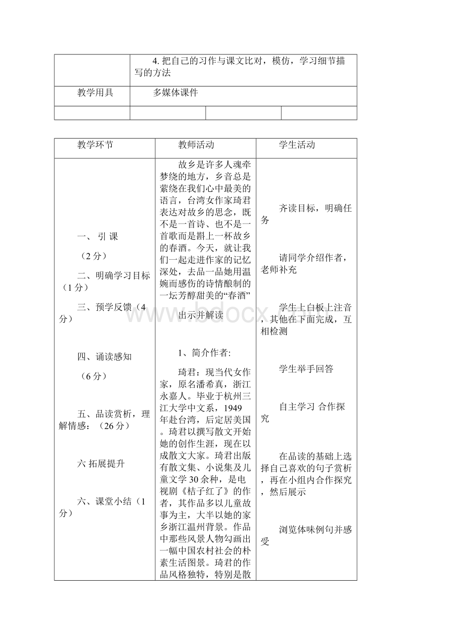 语文人教版八年级下册春酒教学设计Word格式文档下载.docx_第2页