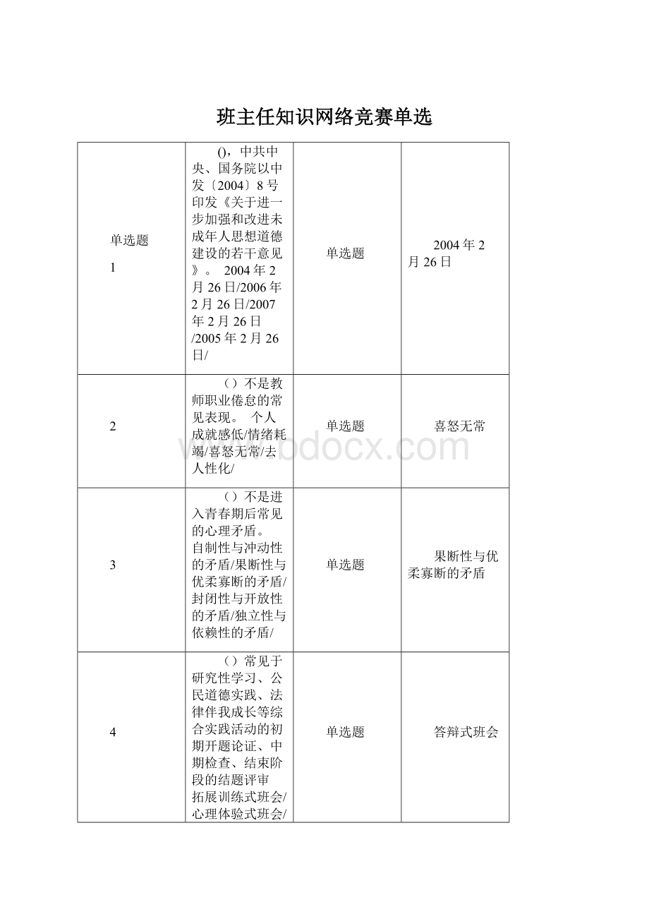 班主任知识网络竞赛单选Word文件下载.docx