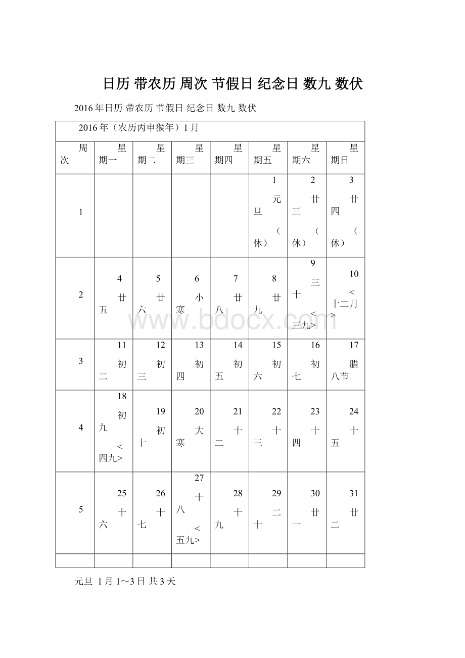 日历 带农历 周次 节假日 纪念日 数九 数伏.docx