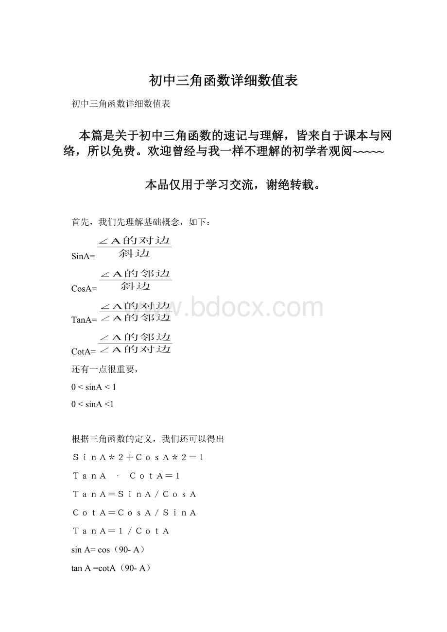 初中三角函数详细数值表.docx