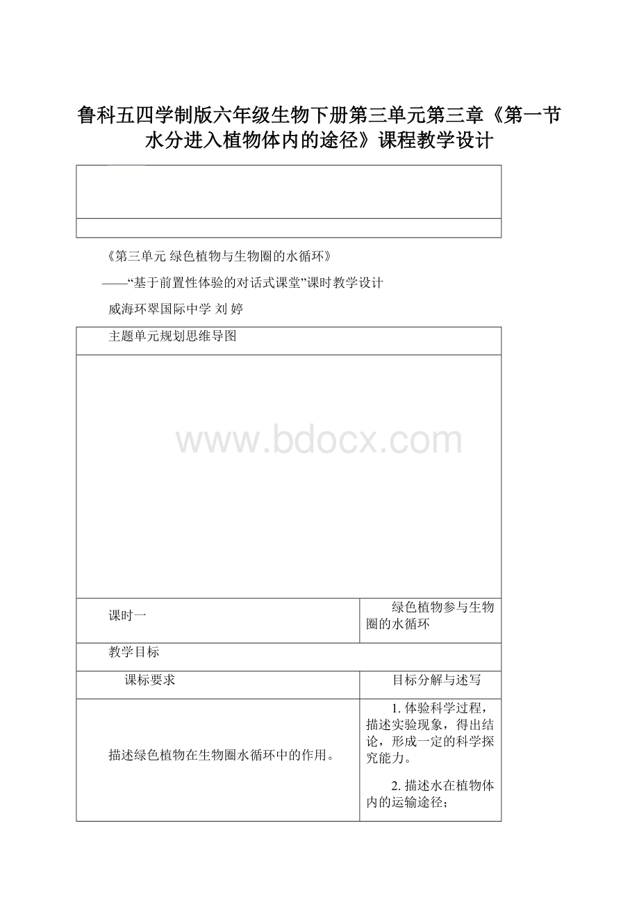 鲁科五四学制版六年级生物下册第三单元第三章《第一节 水分进入植物体内的途径》课程教学设计文档格式.docx_第1页