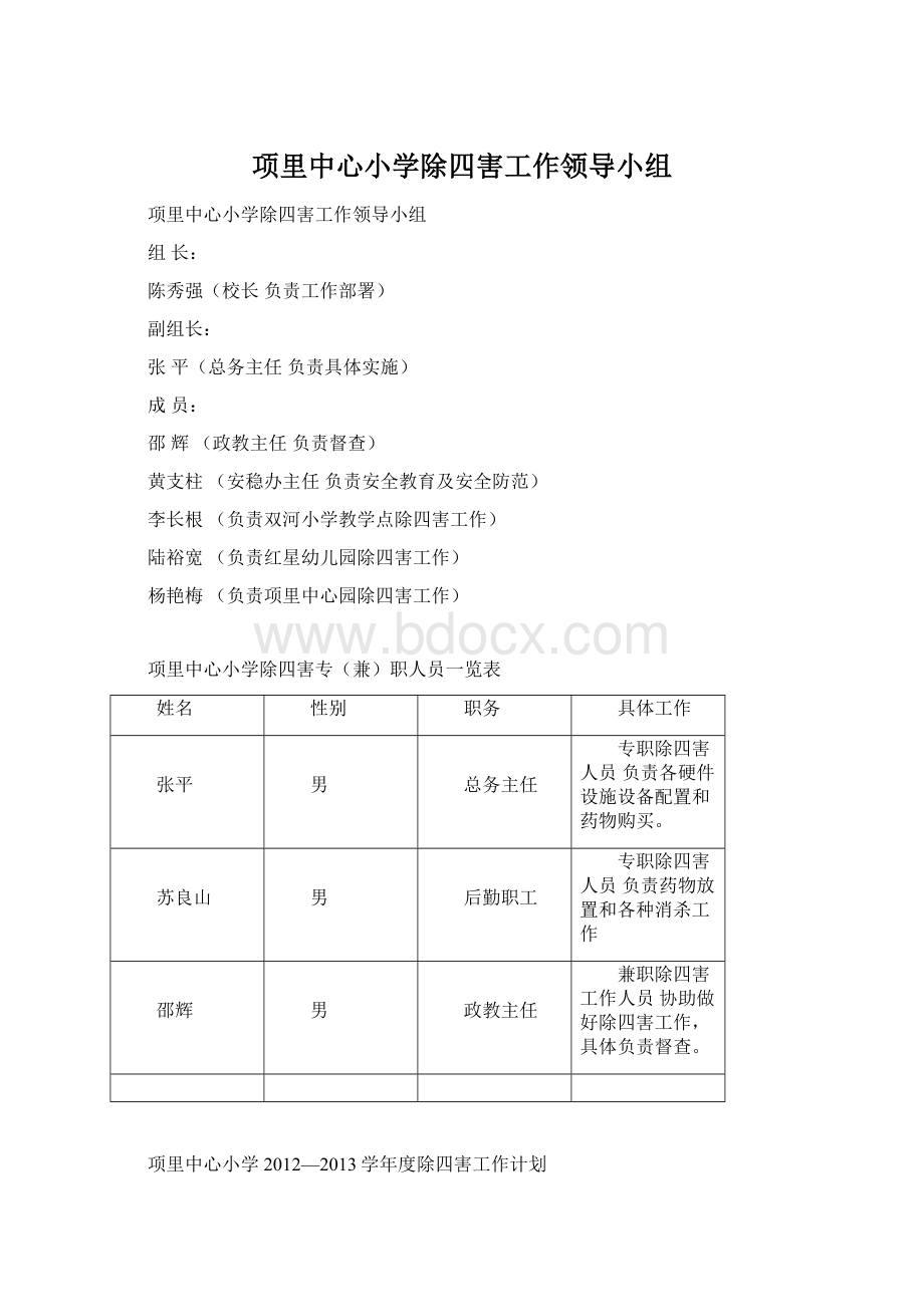 项里中心小学除四害工作领导小组Word格式.docx_第1页