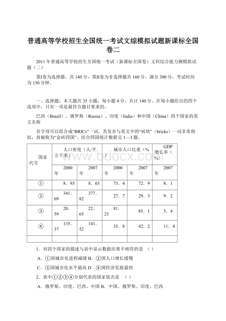 普通高等学校招生全国统一考试文综模拟试题新课标全国卷二.docx_第1页