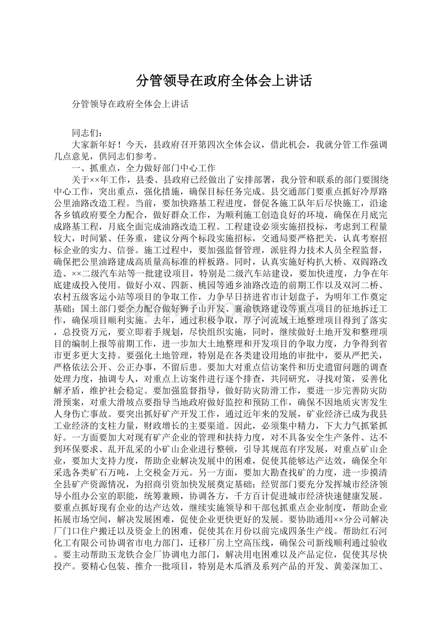 分管领导在政府全体会上讲话.docx_第1页