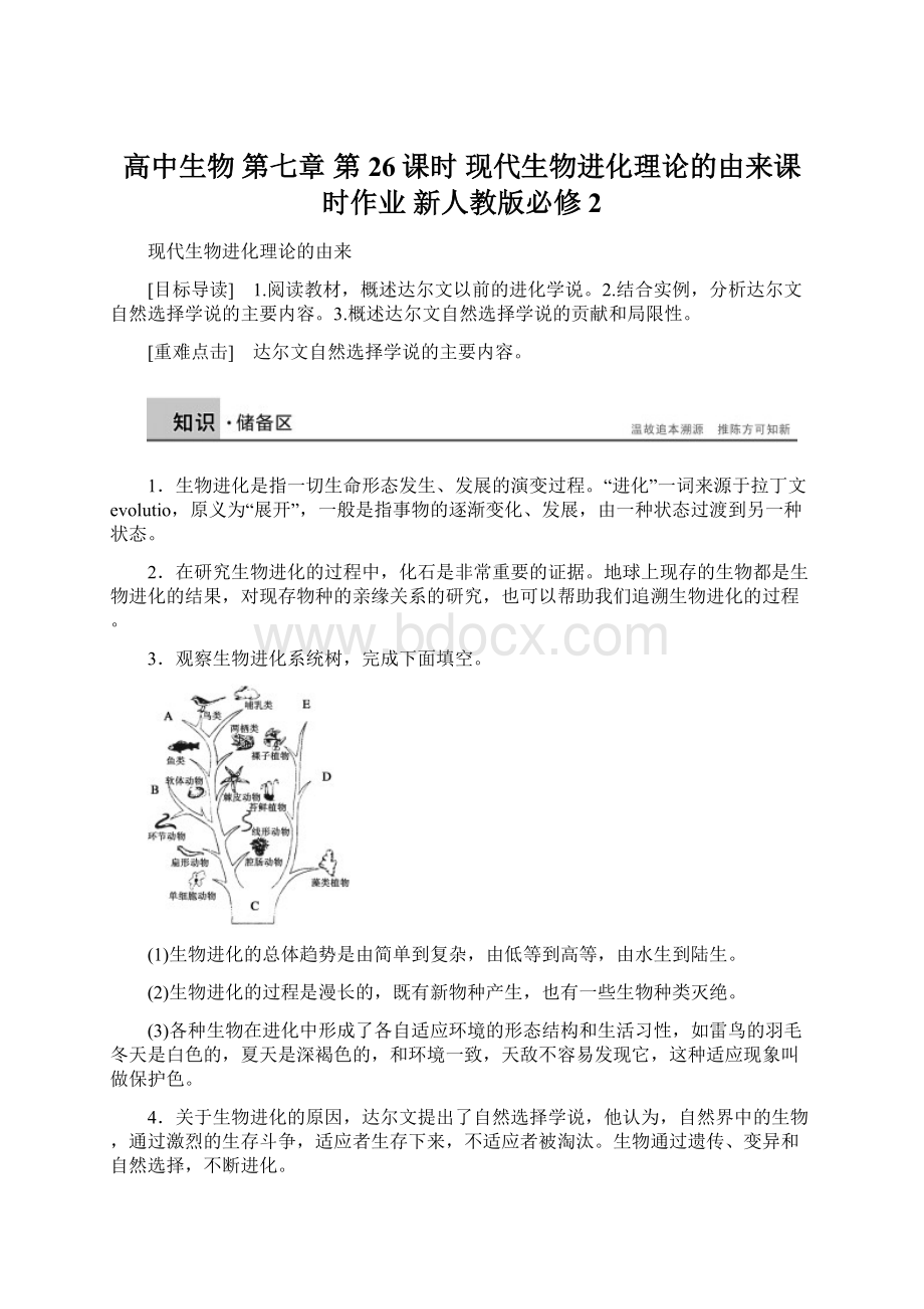 高中生物 第七章 第26课时 现代生物进化理论的由来课时作业 新人教版必修2Word文档下载推荐.docx