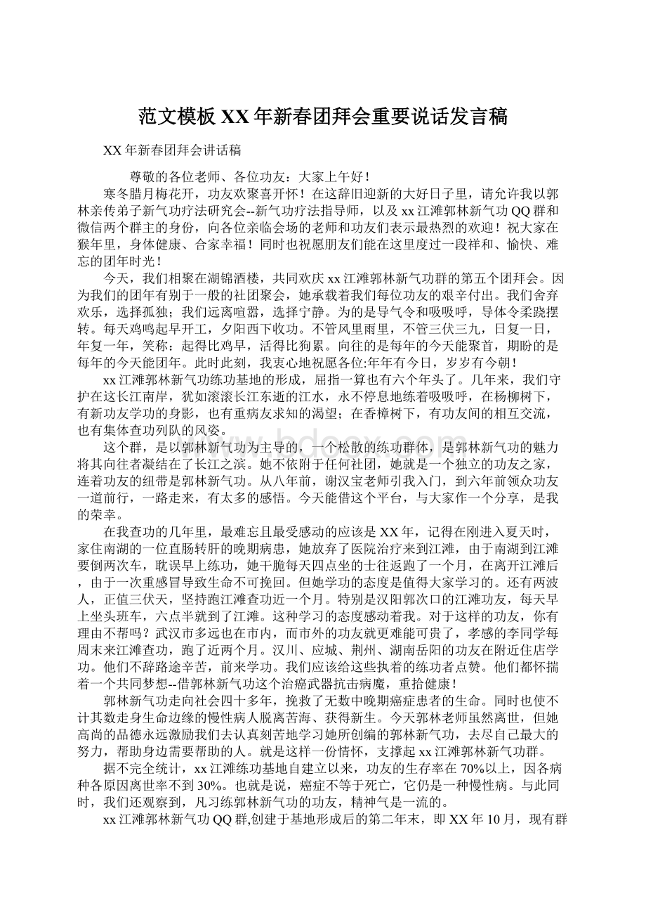 范文模板XX年新春团拜会重要说话发言稿Word文件下载.docx