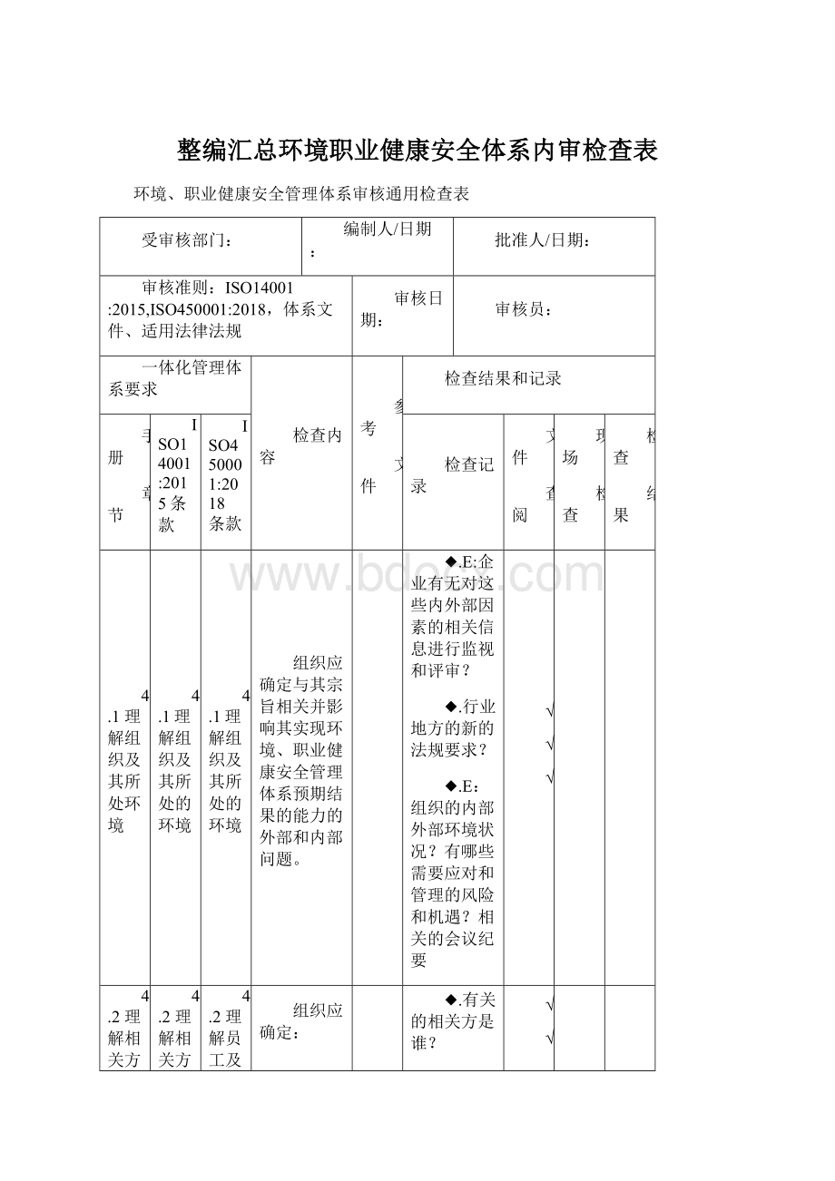 整编汇总环境职业健康安全体系内审检查表Word文档下载推荐.docx_第1页