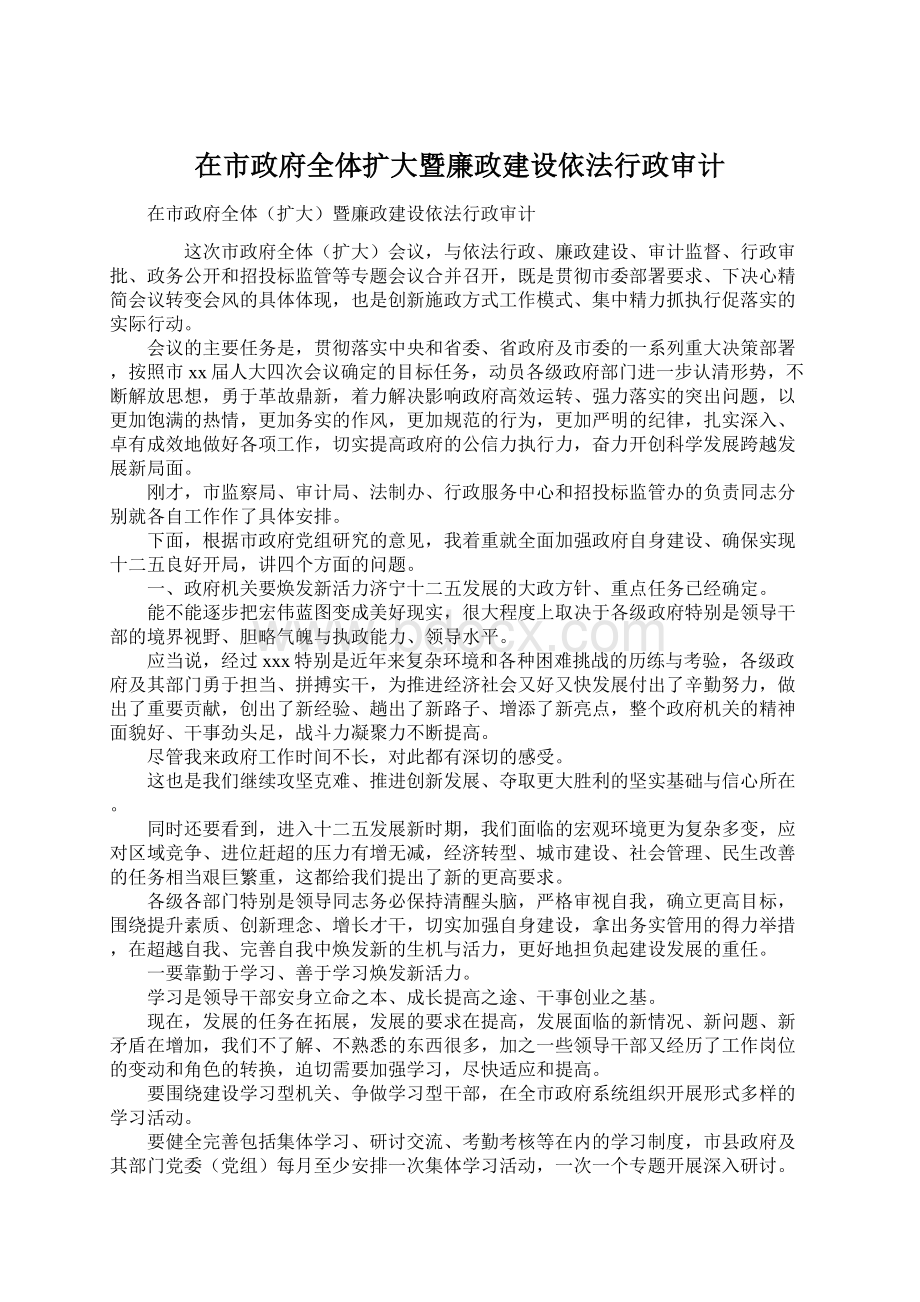 在市政府全体扩大暨廉政建设依法行政审计.docx