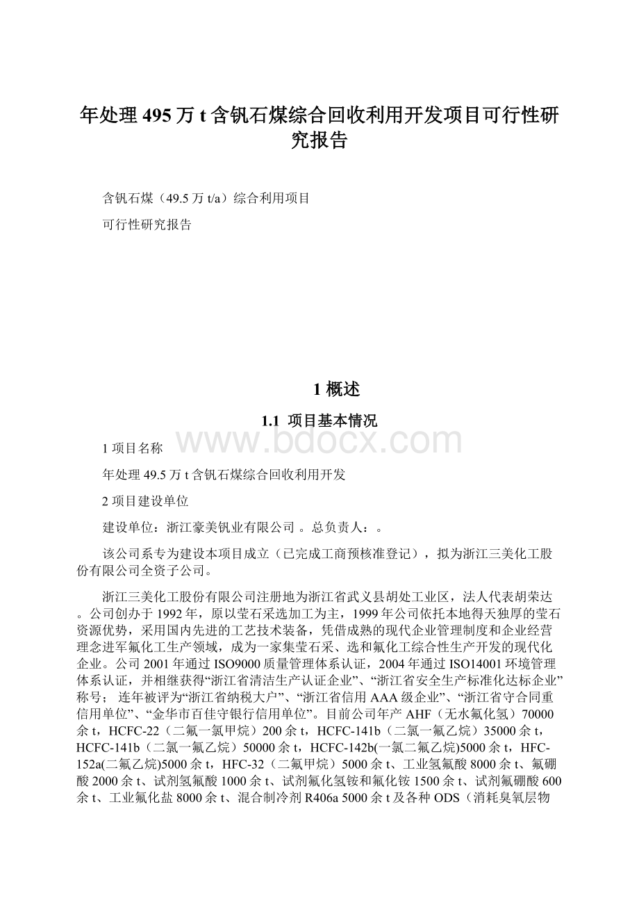 年处理495万t含钒石煤综合回收利用开发项目可行性研究报告.docx_第1页