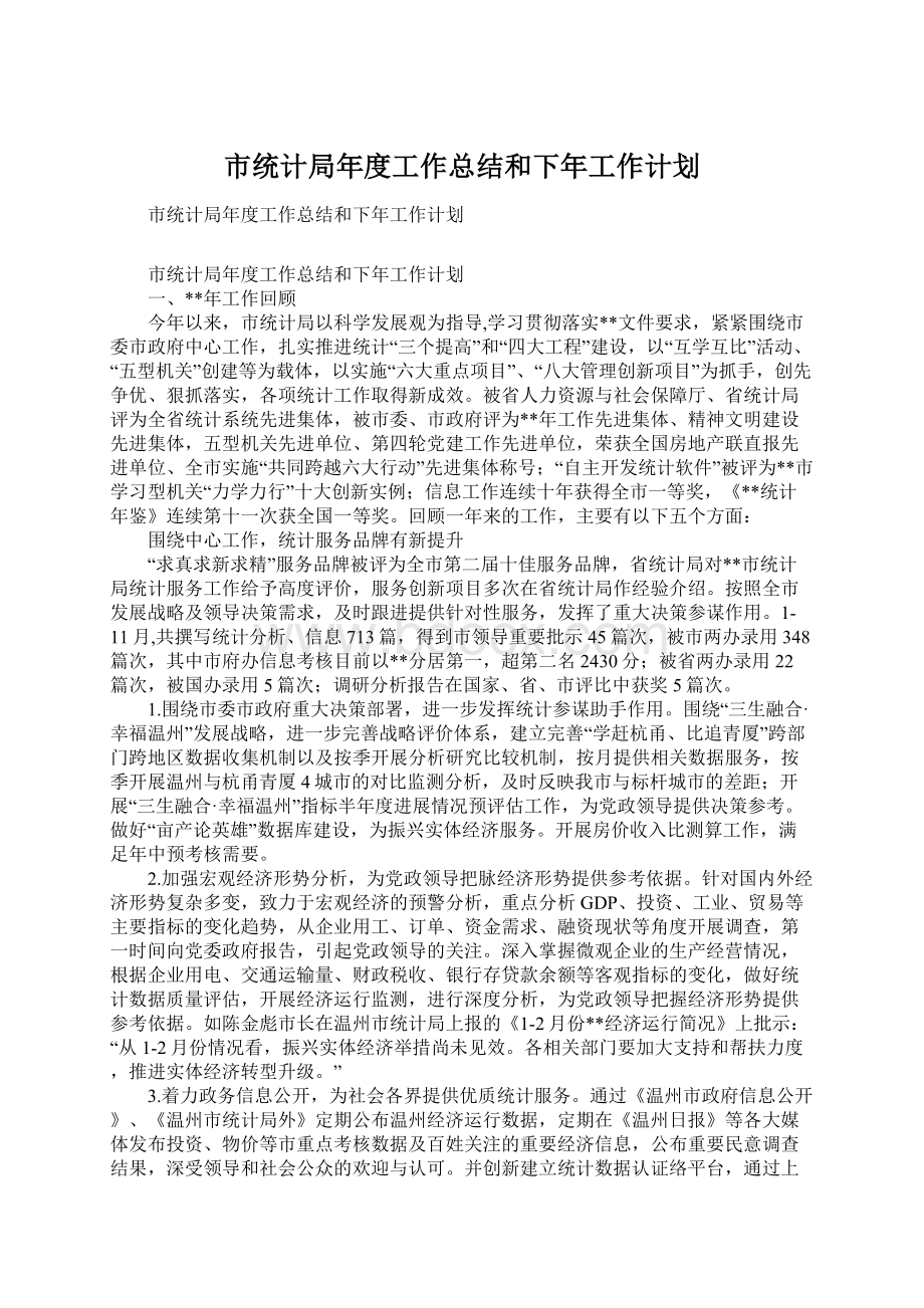 市统计局年度工作总结和下年工作计划Word格式.docx_第1页