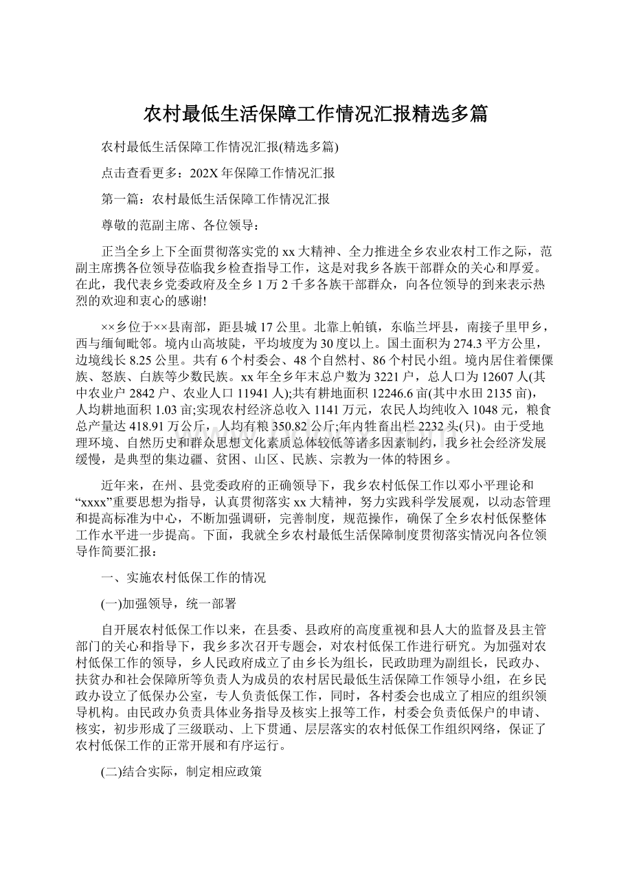 农村最低生活保障工作情况汇报精选多篇.docx