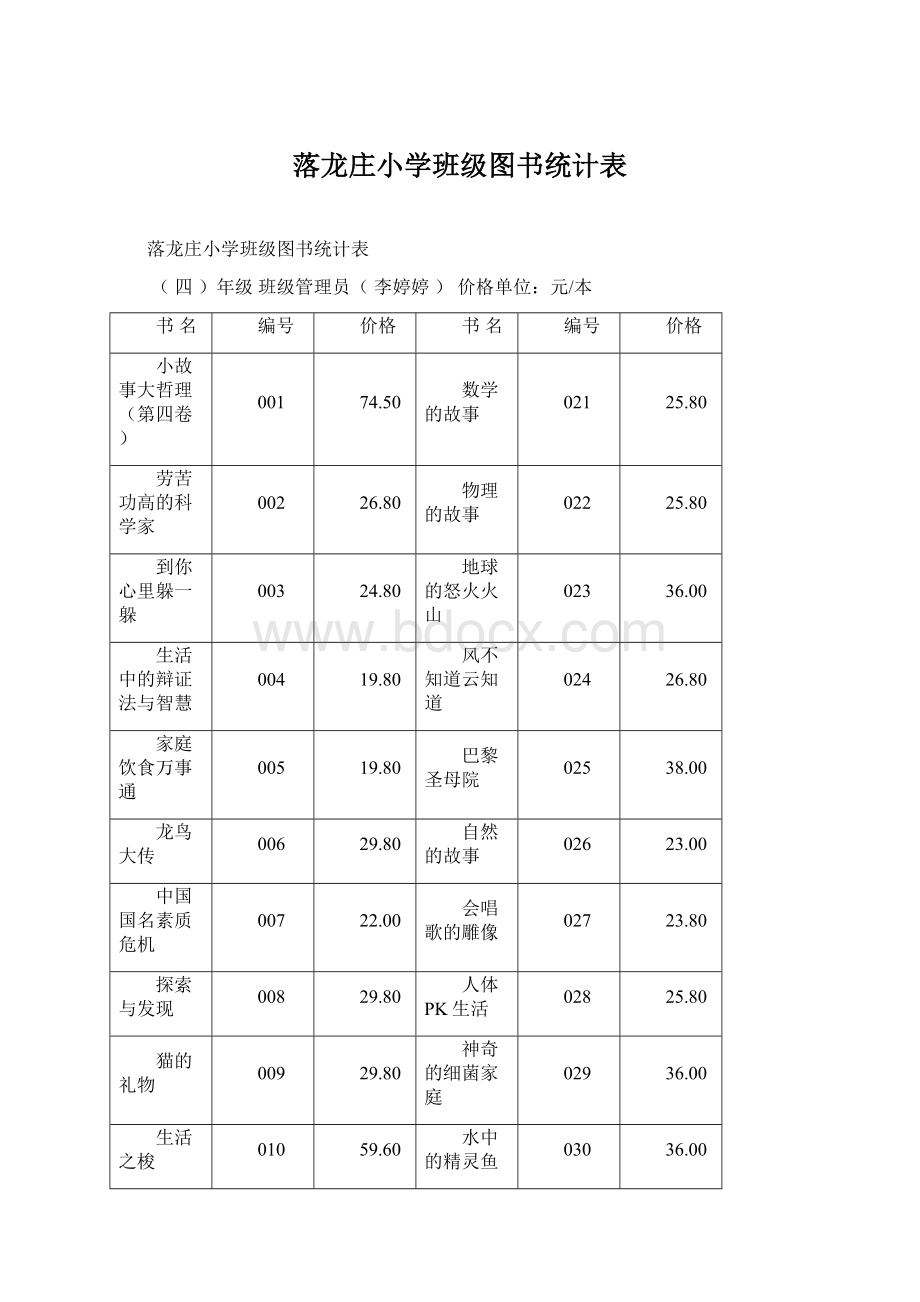 落龙庄小学班级图书统计表Word下载.docx