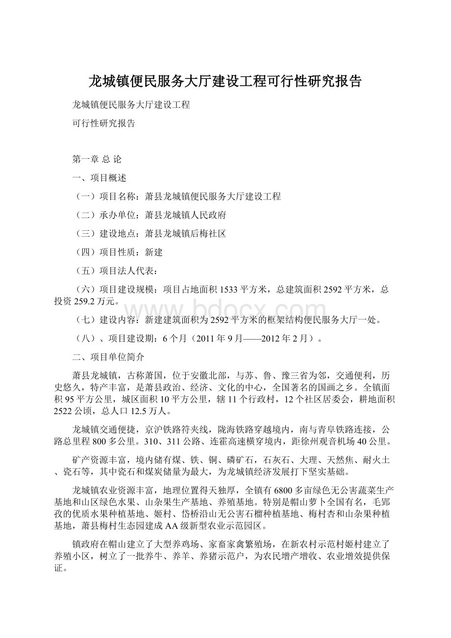 龙城镇便民服务大厅建设工程可行性研究报告.docx